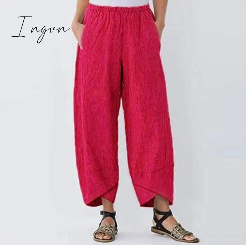 Ingvn - Vintage Harem Pants Women Casual Loose Printed Elastic Waist Cotton Linen Wide Leg Pants Summer Irregular Pantalon Cropped Pants