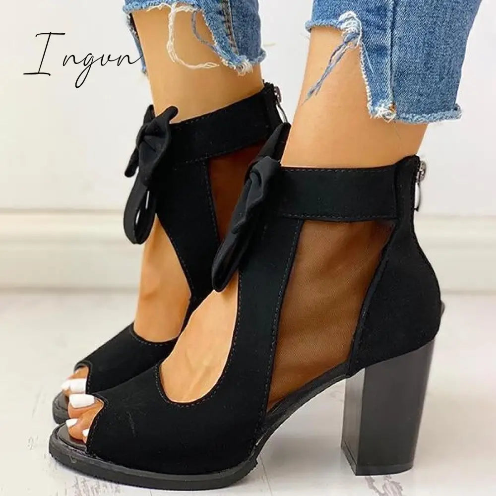 Ingvn - Peep Toe Mesh Insert Bowknot Chunky Heeled Sandals