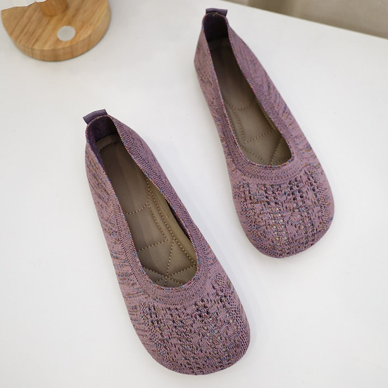 Ballet Flats Women Casual Shoes Flat Heel Hollow-out Loafers Round Toe Knits Moccasins Espadrille Shoes