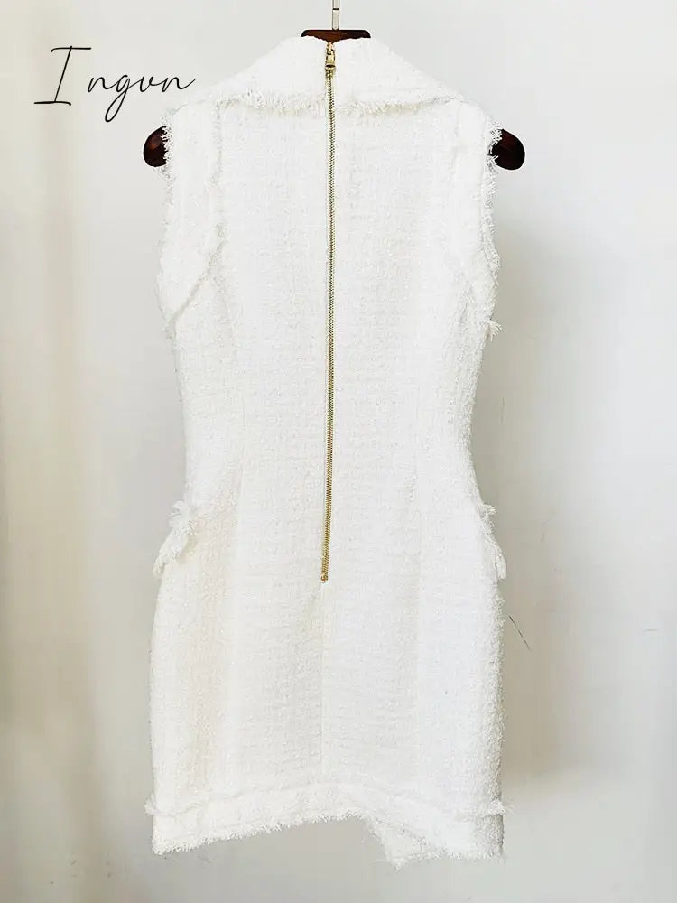 Ingvn - HIGH QUALITY Newest 2023 Fall Winter Designer Fashion Women Sleeveless Fringed Tweed Notched Lapel Asymmetrical Dress