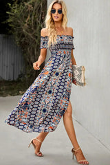 Ingvn - Bohemian Off-Shoulder Frill Trim Split Dress