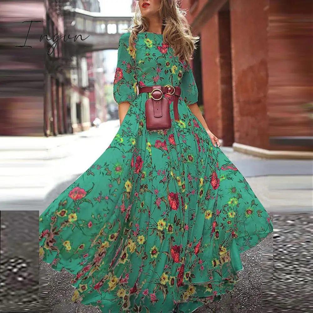 Ingvn - Vintage Women Floral Printing O-Neck Sweet Long Party Dress Summer Three Quarter Sleeve Ladies Dress Fashion Elegant Streetwear