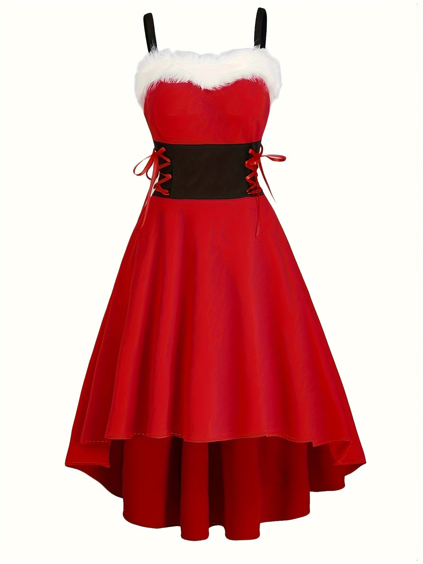 Vintage-Inspired Faux Fur Aline Swing Tank Dress - Contrast Trim, Asymmetrical Hem, Cross Tie Detail, Christmas Party Dress - Women's Clothing, Holiday Season Fashion