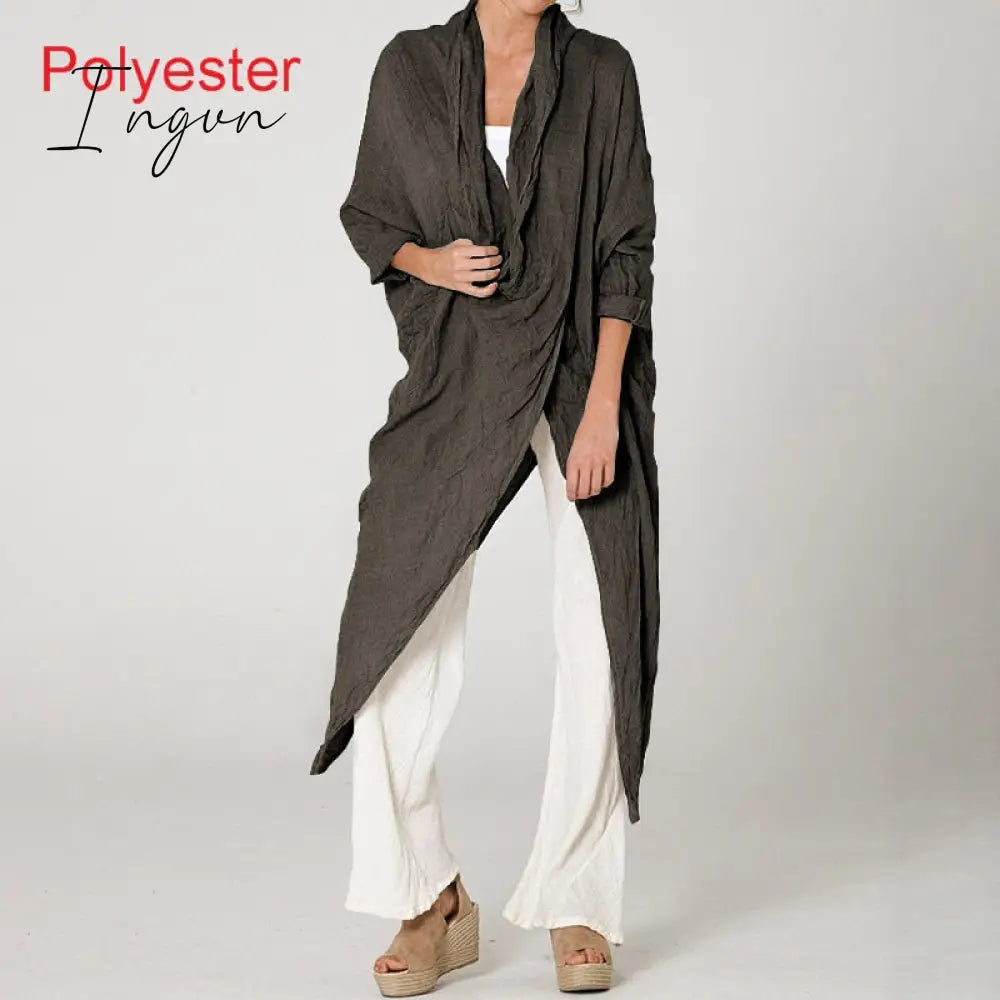 Ingvn - Women Tops Vintage Solid Blouses Summer Fashion Long Shirts Casual Cowl Neck Long Sleeve Asymmetrical Party Blusas