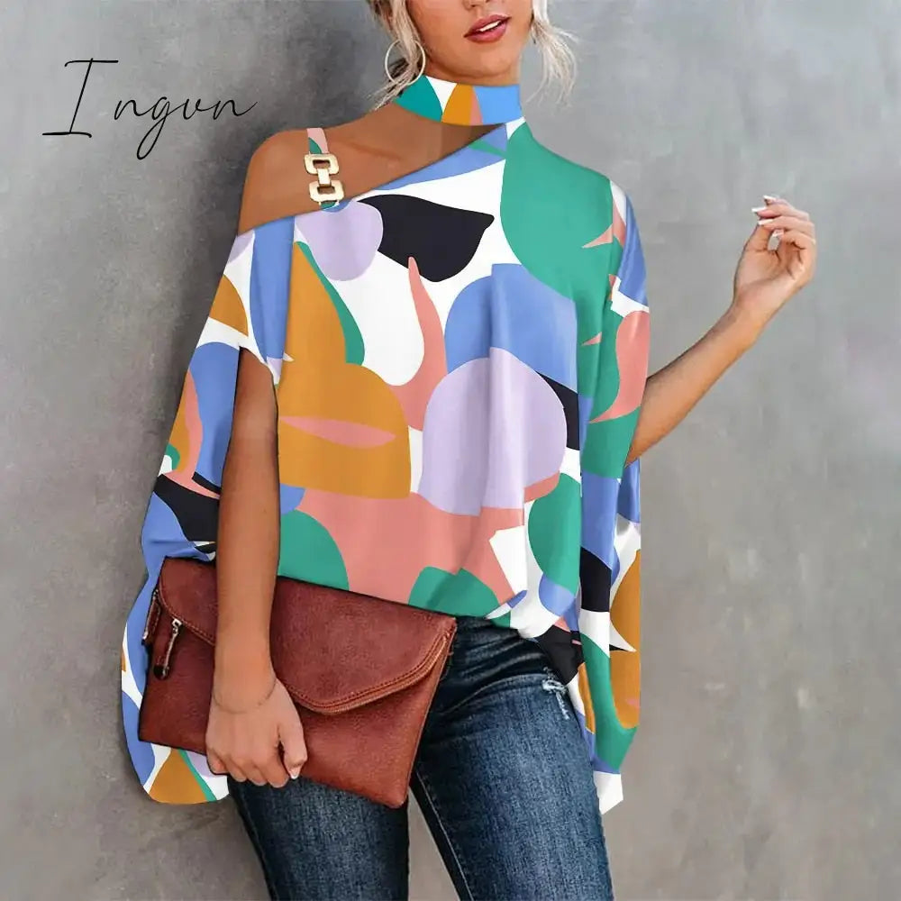 Ingvn - Women Metal Halter Hollow Out Print Top Patchwork Short Sleeve Loose Summer Blouse Femme Fashion Pullovers Casual Youth New