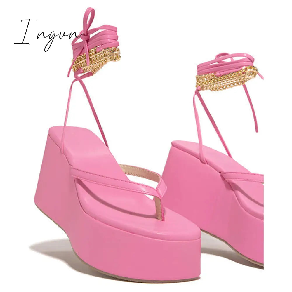 Ingvn - Ankle Chain Lace-Up Thong Entry Wedge Platform Sandals