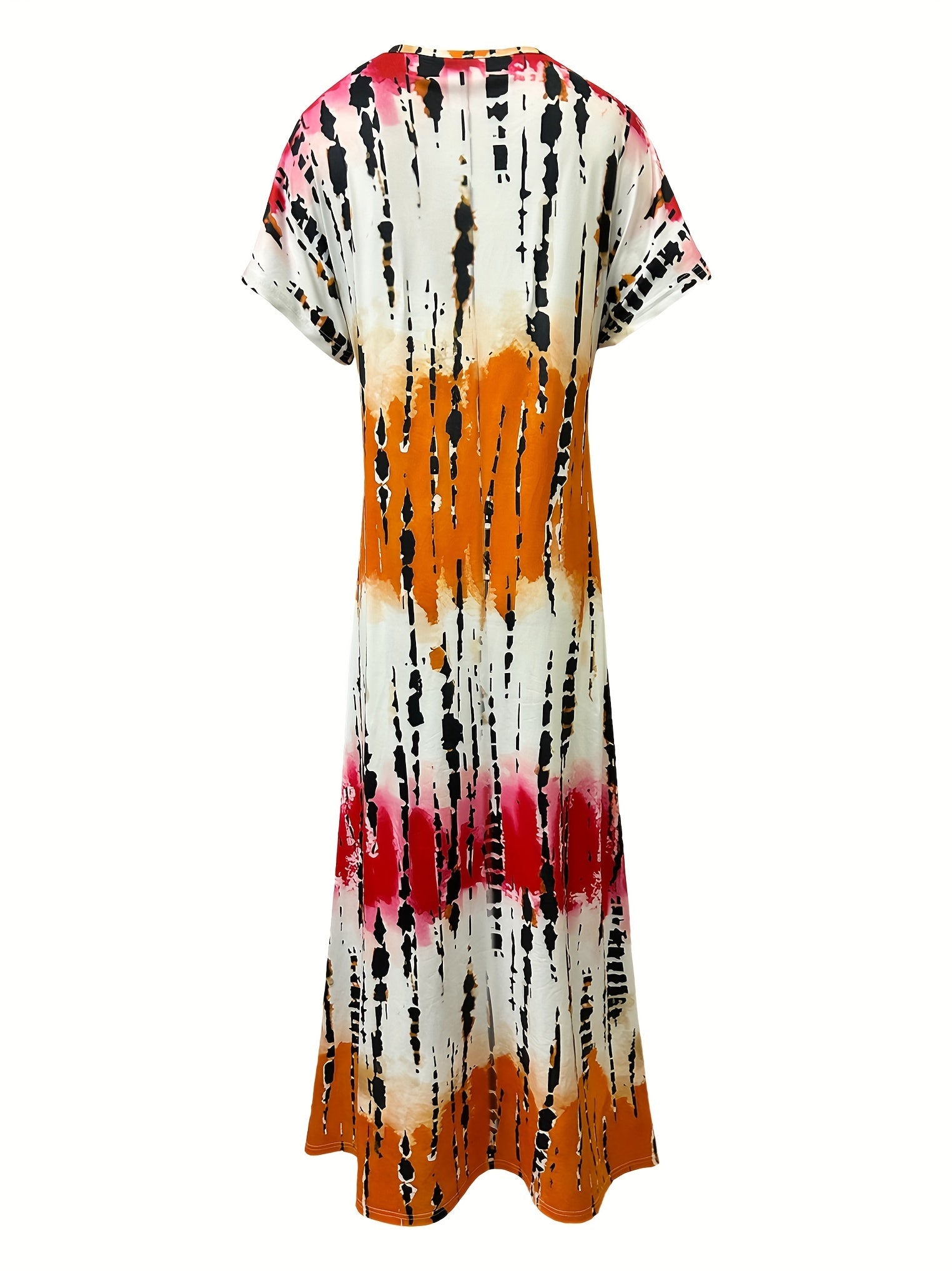 Tie Dye V-neck Dress, Elegant Split Short Sleeve Dress For Spring & Summer, Women's Clothing