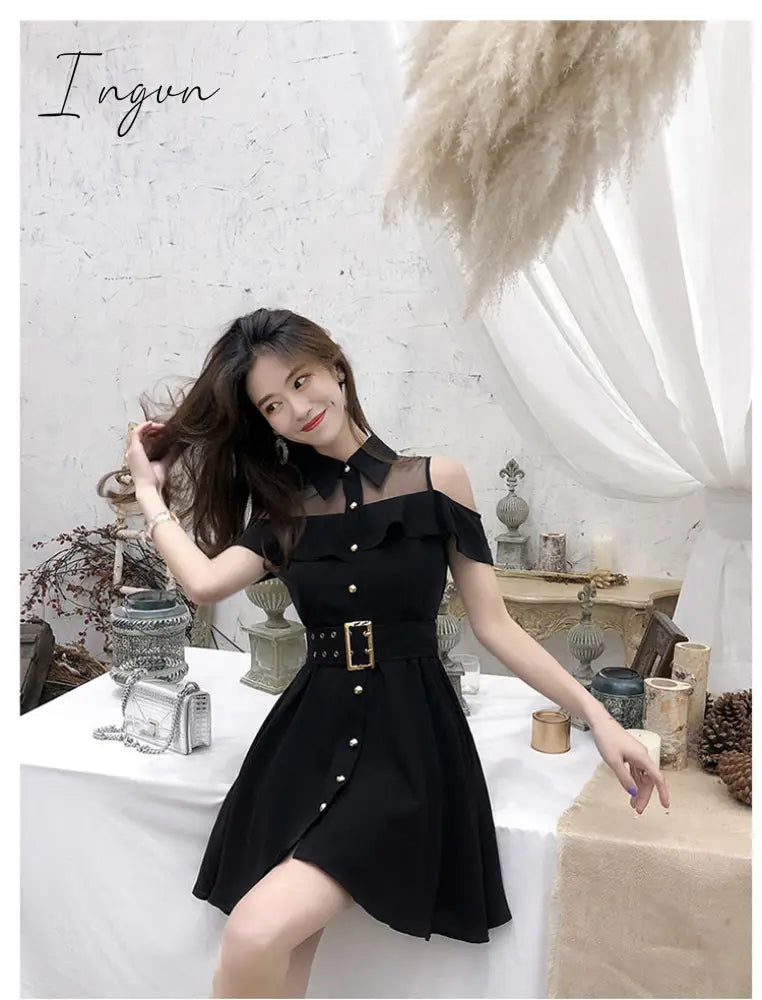Ingvn - Korean OL New Single Breasted Women Summer Dress Sweet Chic Black office work Short mini Dresses With Belt Vestidos jurken