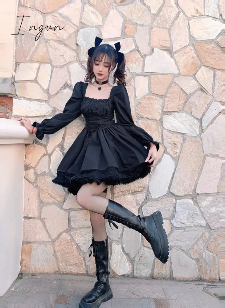 Ingvn - Womens New Trends White Lolita Dress Kawaii Vinatge Long Sleeve Mini Dresses Black Gothic Bandage Lace Patchwork Streetwear Square Collar