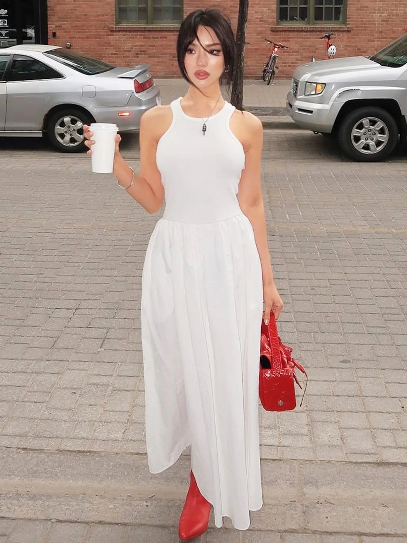 Ingvn  Fashion O-neck Sleeveless Long Tank Dresses for Women White  Summer Casual Office Lady High Waist A-line Black Holiday Dress
