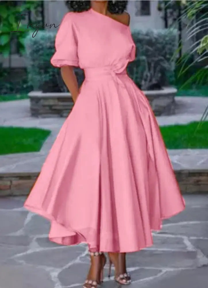 Ingvn - Women Dress Bare Shoulder Waist Belt Long A Line Pleated Orange Casual Fashion Female Ladies Elegant New Autumn Summer Robes