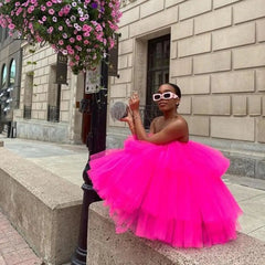 Ingvn - Chic Fuchsia Ruffles Short Tulle Dresses Women Puffy A-line Mini Tutu Dress Summer Off The Shoulder Robe Vestidos