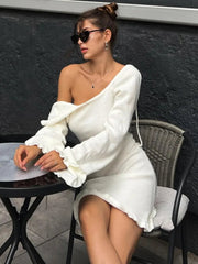 Ingvn  Fashion Casual Lace-up Backless Long Sleeve Sweater Dress Women's Autumn Hollow Out Knitting Short Holiday Party White Dresses