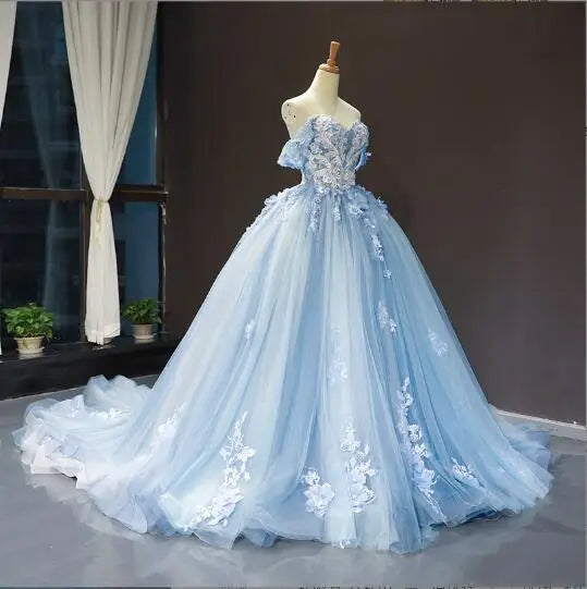 Luxury Sky Blue Lace Quinceanera Dresses Sweetherts Tulle Party Vestidos 15 Anos Vintage Ball Gown Quinceanera Gown