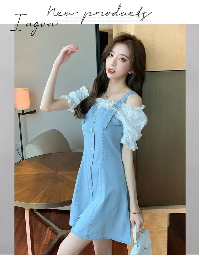 Ingvn - Denim Dress Fashion Lantern Sleeve Woman Dresses Clothes Gauze Patchwork Vestidos Ruffles Korean Off Shoulder Robe