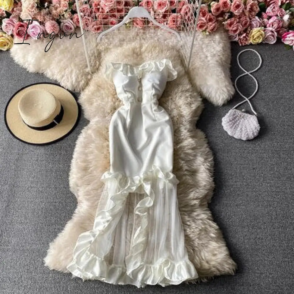 Ingvn - Trends high quality Women Spaghetti Strap Sexy Dress Strapless Bodycon Slim Red Dinner Party Dresses Mesh Patchwork Female Summer Long Dress