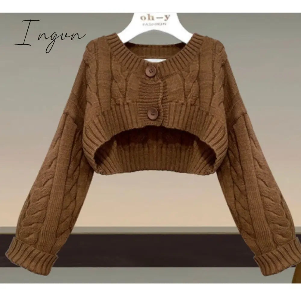 Ingvn - Fall Winter Two Piece Sets Women Outfits Korean Casual Long Sleeve Twist Knitted Short Sweater And Straped High Waist Dress Sets
