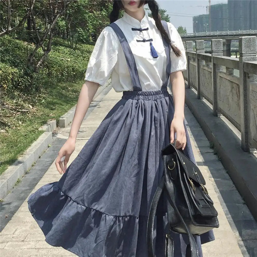 Ingvn - Spring Midi Skirt For Women Spring Summer Japanese Style Kawaii Lolita Skirt Teens Soft Girl High Waist Ruffles Suspender Skirts rok