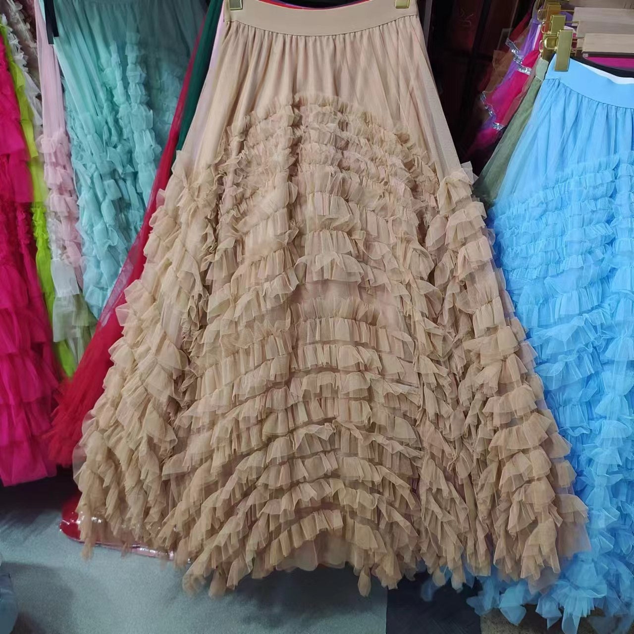 Niche Irregular Mesh Heavy Industry Large Swing Long Skirt Women's Slim Hip Covering Gorgeous Fairy Dream Pink Cake Skirt