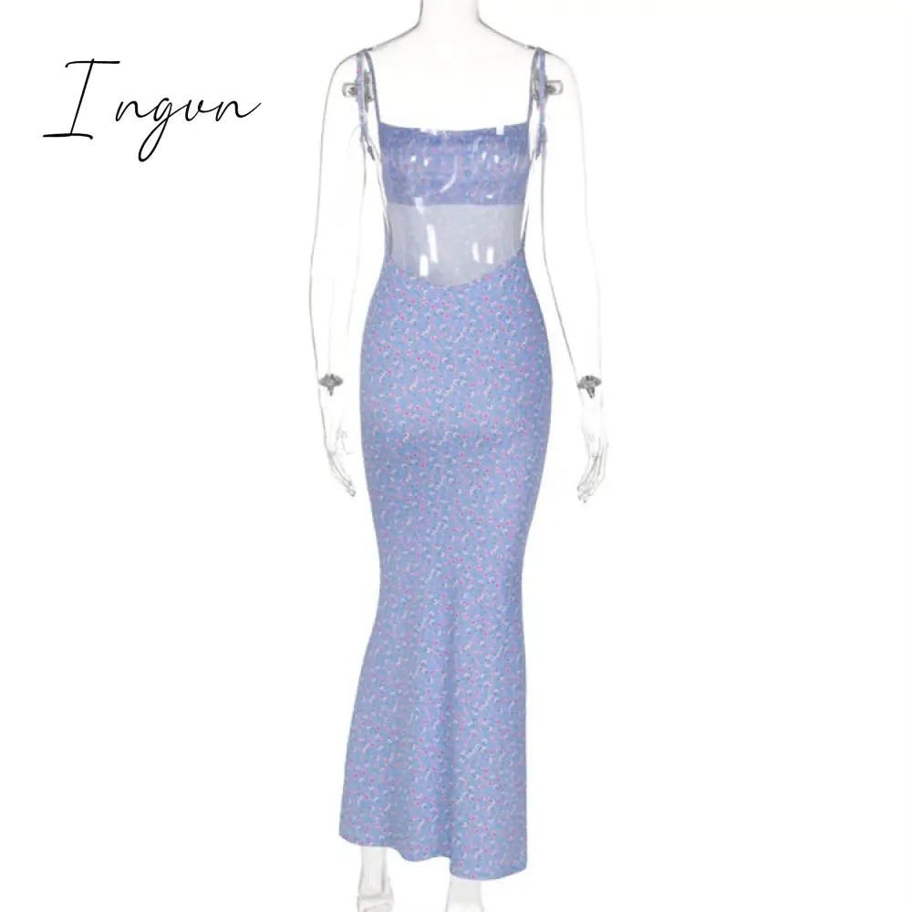 Ingvn - Summer Bodycon Spaghetti Strap Elegant Woman Maxi Dress Vintage Print Party Sexy Women's Dresses