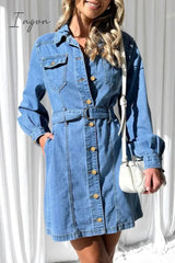 Ingvn - Casual Solid Pocket Buckle With Belt Turndown Collar Long Sleeve Straight Denim Dresses