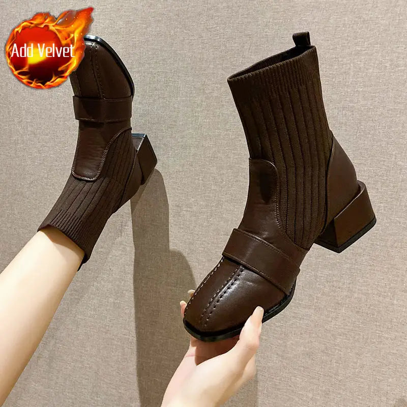 Ingvn  Female Ankle Boots Sock Short Shoes For Women Elastic Booties Brown Footwear Comfortable And Elegant On Offer Korean Style Pu