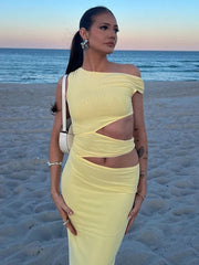 Hollow Sexy Maxi Dress Women Irregular Skinng Ruched Diagonal Collar Sleeveless Vacation Beach Party Fashion Vestidos