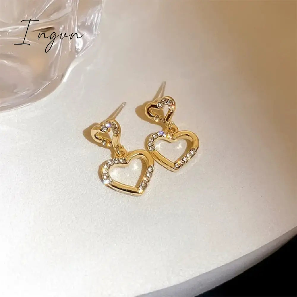 Korean Trendy Simple Double Hollow Zircon Heart Earrings for Women Exquisite Silver Needle Studs Sweet Elegant Party Gifts