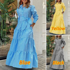 Ingvn - Spring Shirt Dress Women Long Sleeve Party Dresses Casual Lapel Button Vintage Belted Pockets Sundress Plaid Printed Robes