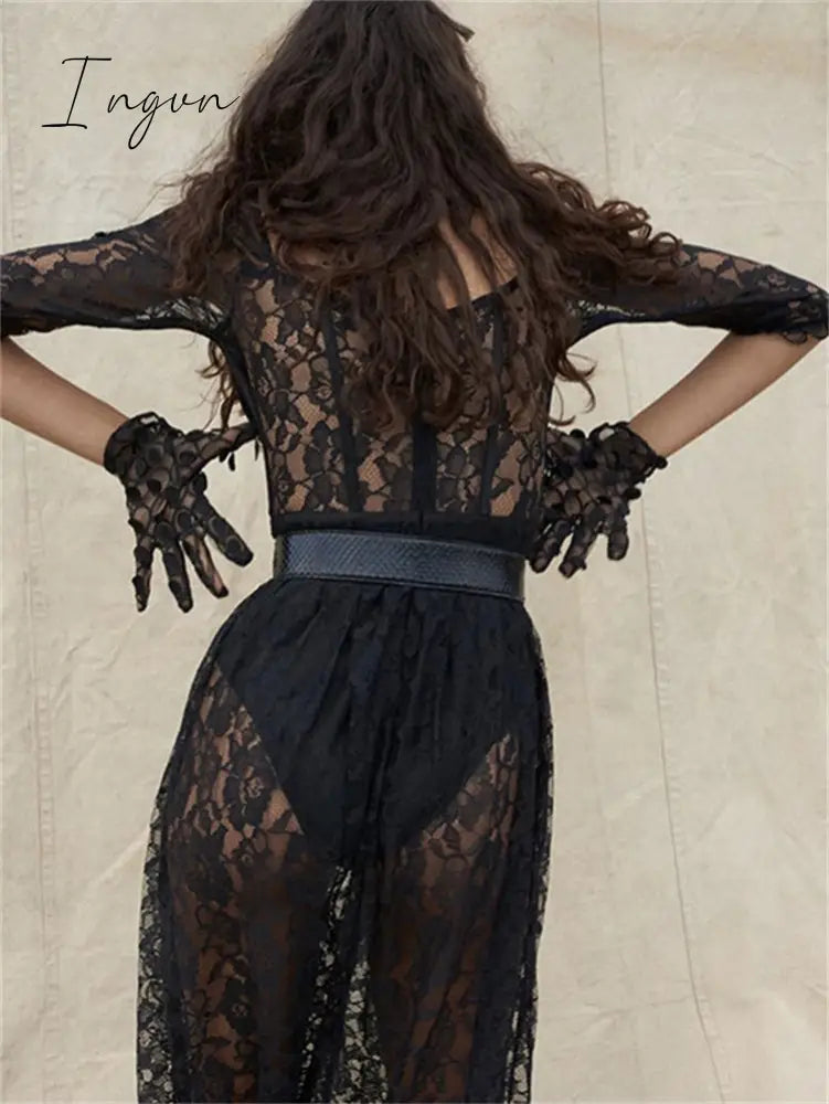 Ingvn - Summer Sexy Party Split Lace Bodycon Woman Maxi Dress Club Square Collar Black Elegant Women's Dresses