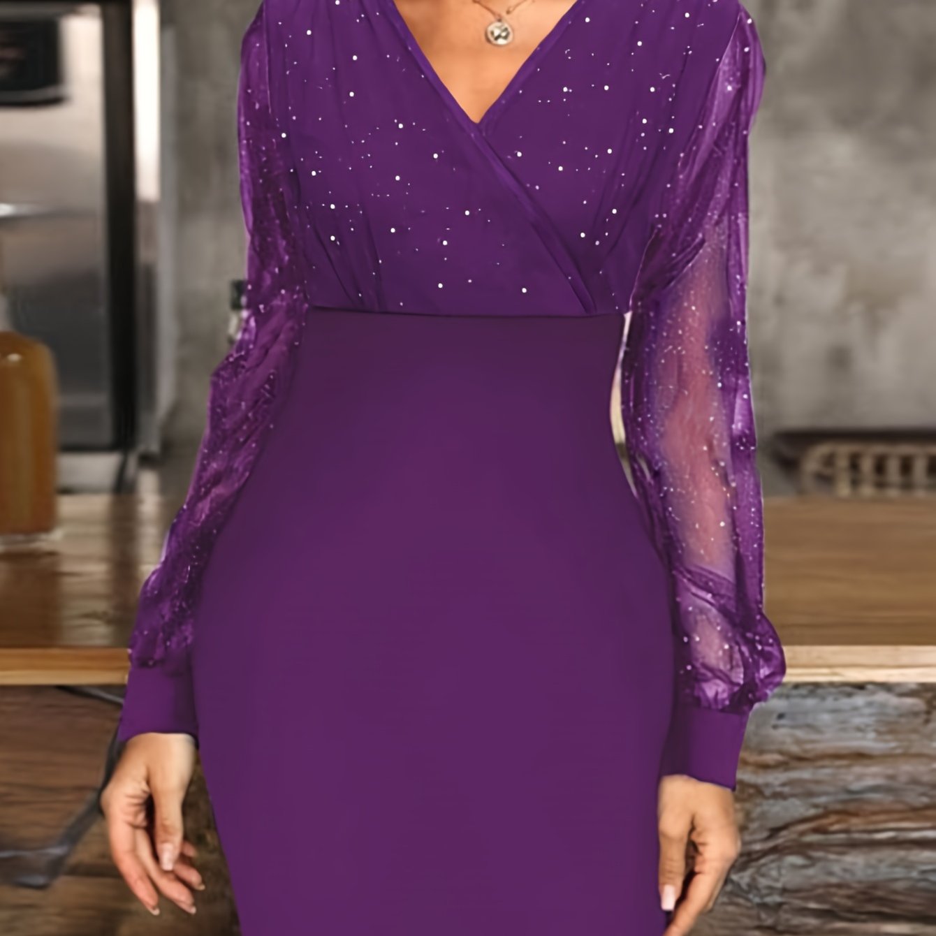 Solid Sequin Stitching Lace Long Sleeve Dress, Elegant Mesh Slim Sexy Party Dress, Women's Clothing