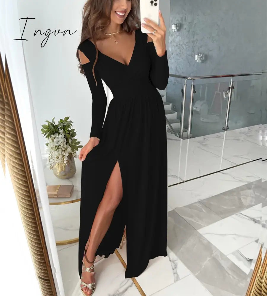 Ingvn - Sexy Long Evening Dress Elegant Dress For Women V-neck Side Split Party Dresses Female Summer Fashion Casual Club Ladies Clothes