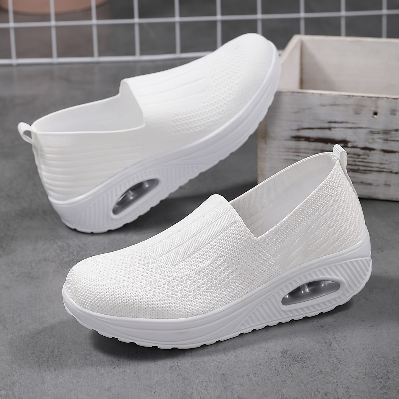 Fashionable Womens Knit Sneakers - Ultra-Comfortable Air Cushion Platform - Lightweight Slip-on Design - Perfect for Outdoor Walking & Daily Wear - Durable Footwear