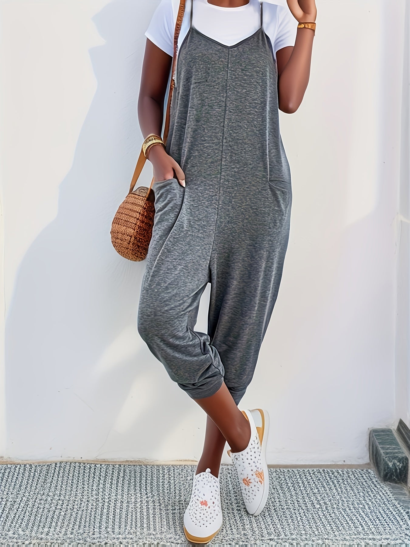 Solid Patched Pockets Overall Jumpsuit, Versatile V-neck Overall Jumpsuit For Spring & Summer, Women's Clothing