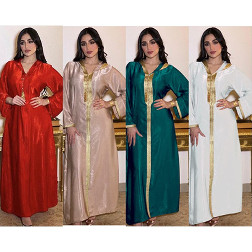Muslim Abaya Dress for Women Fall  Champagne Moroccan Kaftan Hooded Robe Turkish Islamic Jalabiya