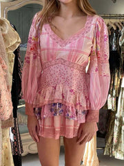 Boho Inspired pink floral dress women mini patchwork summer dress long sleeve V-neck ruffled dress chic sweet ladies party dress