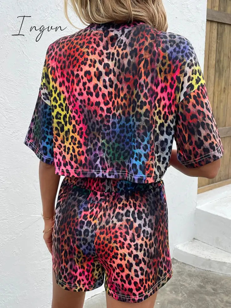 Ingvn - Leopard Round Neck Dropped Shoulder Half Sleeve Top and Shorts Set