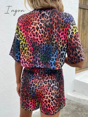 Ingvn - Leopard Round Neck Dropped Shoulder Half Sleeve Top and Shorts Set