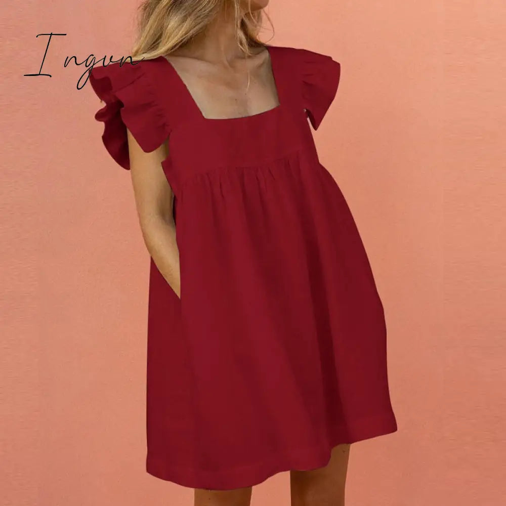 Ingvn - Elegant Butterfly Sleeve Ruffle Mini Dress Casual Square Collar Print Party Dress Women Summer Loose Pocket Beach Dress Vestidos