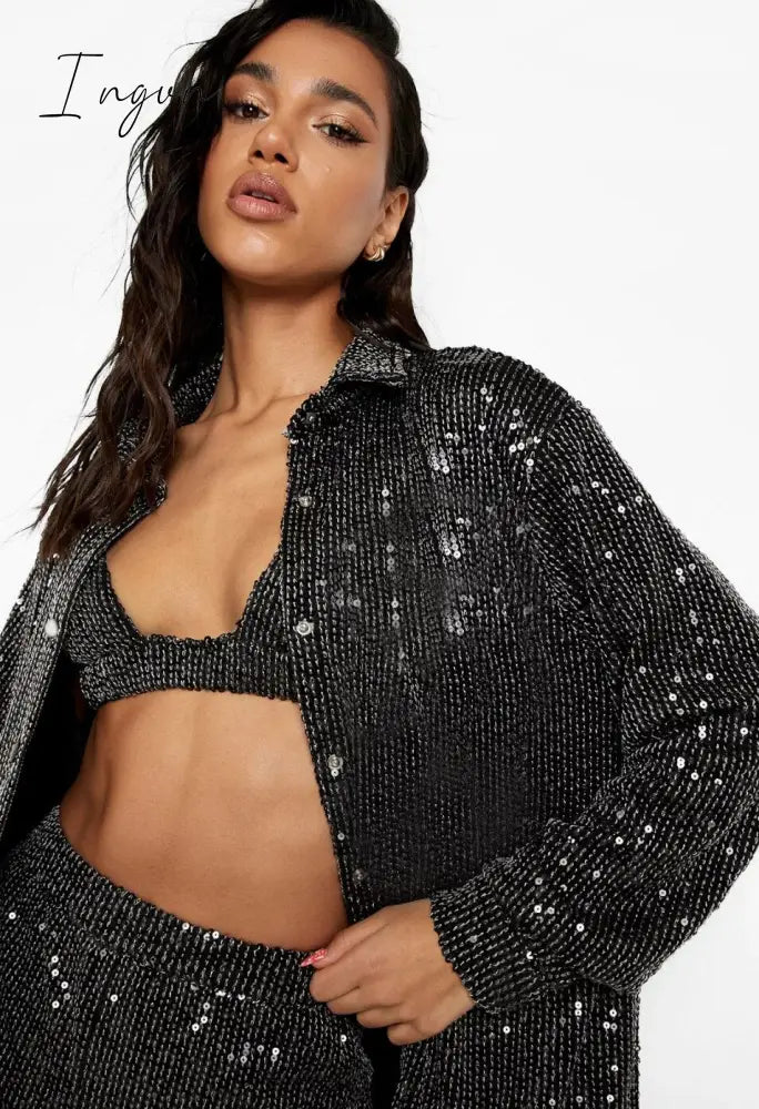 Ingvn - Sparkly Two-piece Set Party Outfits For Womens Sequin Top Blouse Shirt And Pants Suit Female Luxury Evening Tracksuit New