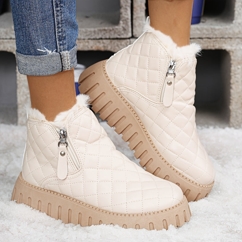 1pr Winter Warm Fleece-Lined Ankle Boots for Women - Casual Solid Color Round Toe Zippered Comfort Boots with Low Platform Heel, Non-Slip Rubber Sole, Fabric Insole - PU Upper, Fabric Lining - Thick Warm Snow Boots
