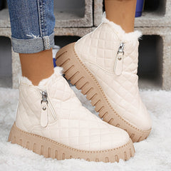 1pr Winter Warm Fleece-Lined Ankle Boots for Women - Casual Solid Color Round Toe Zippered Comfort Boots with Low Platform Heel, Non-Slip Rubber Sole, Fabric Insole - PU Upper, Fabric Lining - Thick Warm Snow Boots