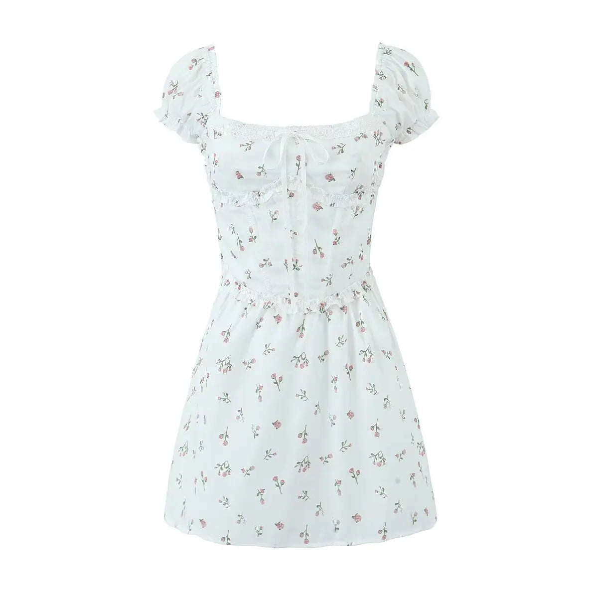 Women Sexy Elegant Pink Mini Dress Vintage Puff Sleeve Slim Low Waist Holiday Party Dresses Lacing Up Back Summer Robe