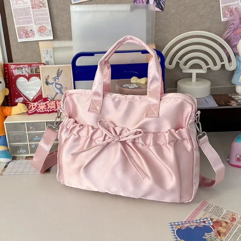 Ingvn  Cute Elegant Womens Shoulder Bag Pink Pleated Bow College Style Tote Bag Aesthetic Literary Casual Daily New Ladies Handbag