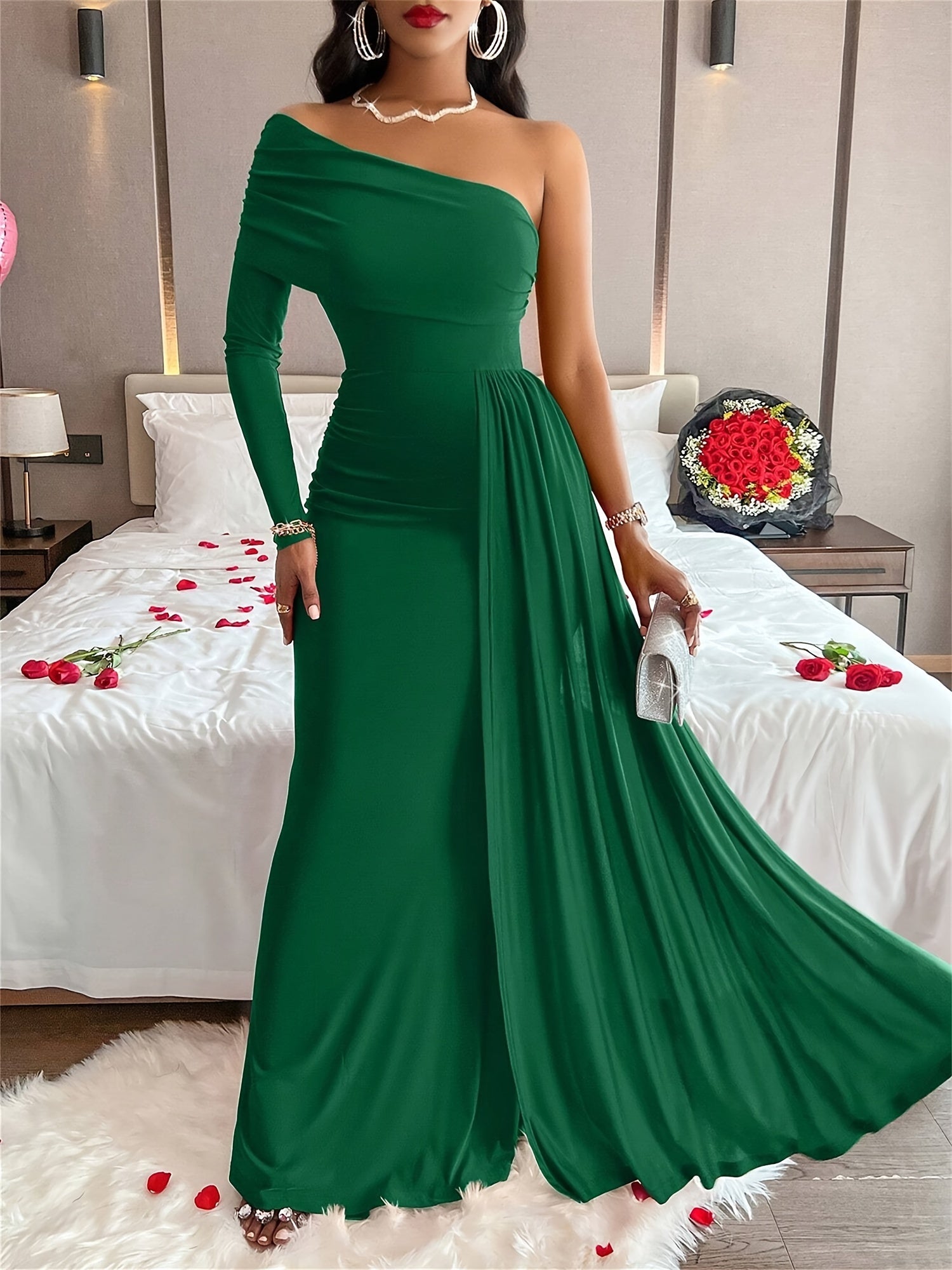 Elegant Oblique-Shoulder Long Sleeve Formal Wedding Guest Dress Maxi Dress