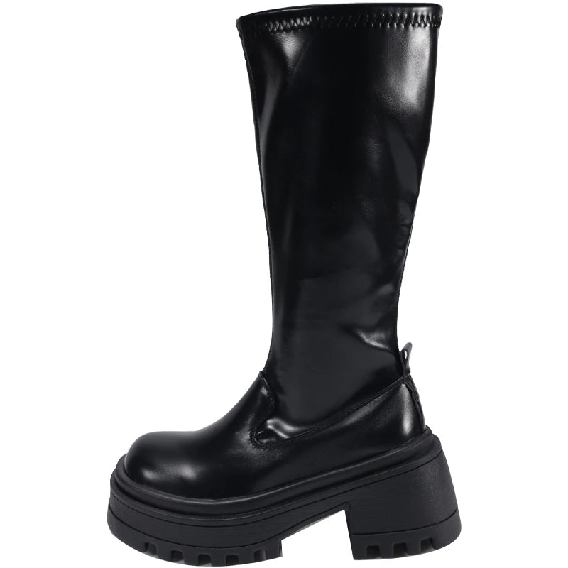 Ingvn  Winter Punk Style Women Knee High Boots Fashion Slip On Platform Long Booties Designer Square Heels Botas De Mujer
