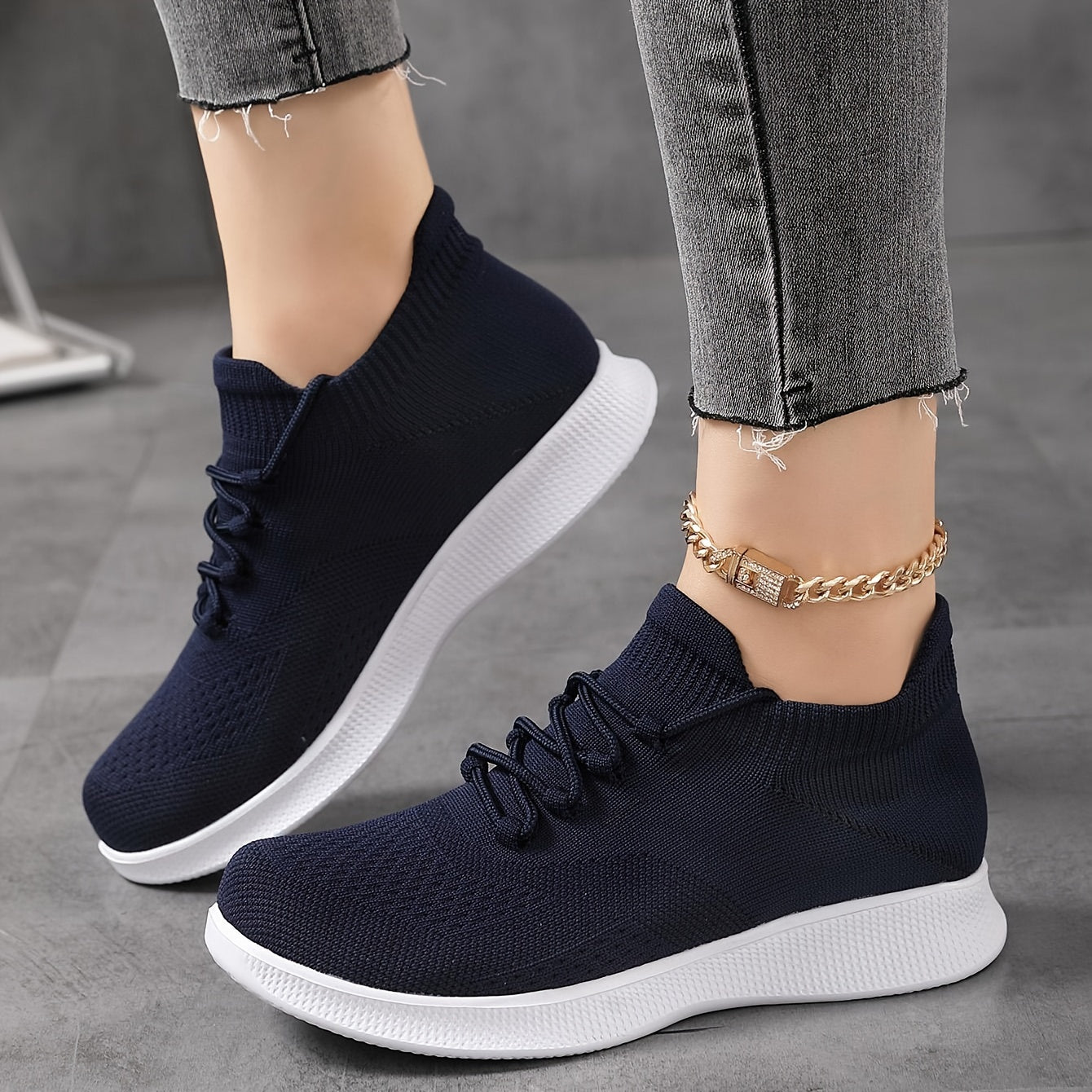 Women's Breathable Knit Sneakers, Casual Lace Up Outdoor Shoes, Comfortable Low Top Shoes plus size