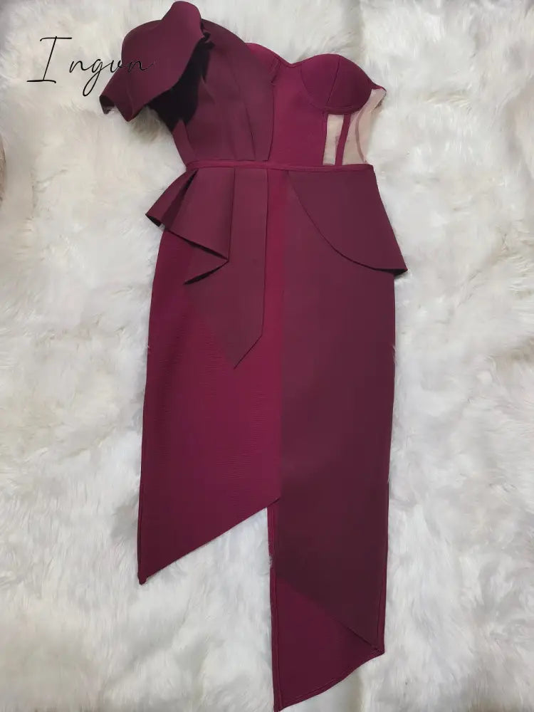 Ingvn - New Summer Fashion Women Bodycon Dress One Shoulder Bow Mesh Ruffle Sleeveless Bandage Dress Celebrity Party Evening Sexy