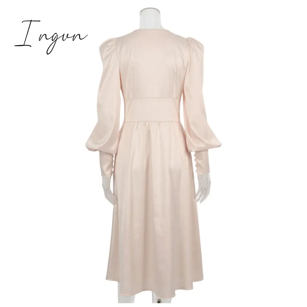 Ingvn - Elegant spring satin bishop sleeve a-line dress women V-neck high waist button dress solid Vintage long dresses chic