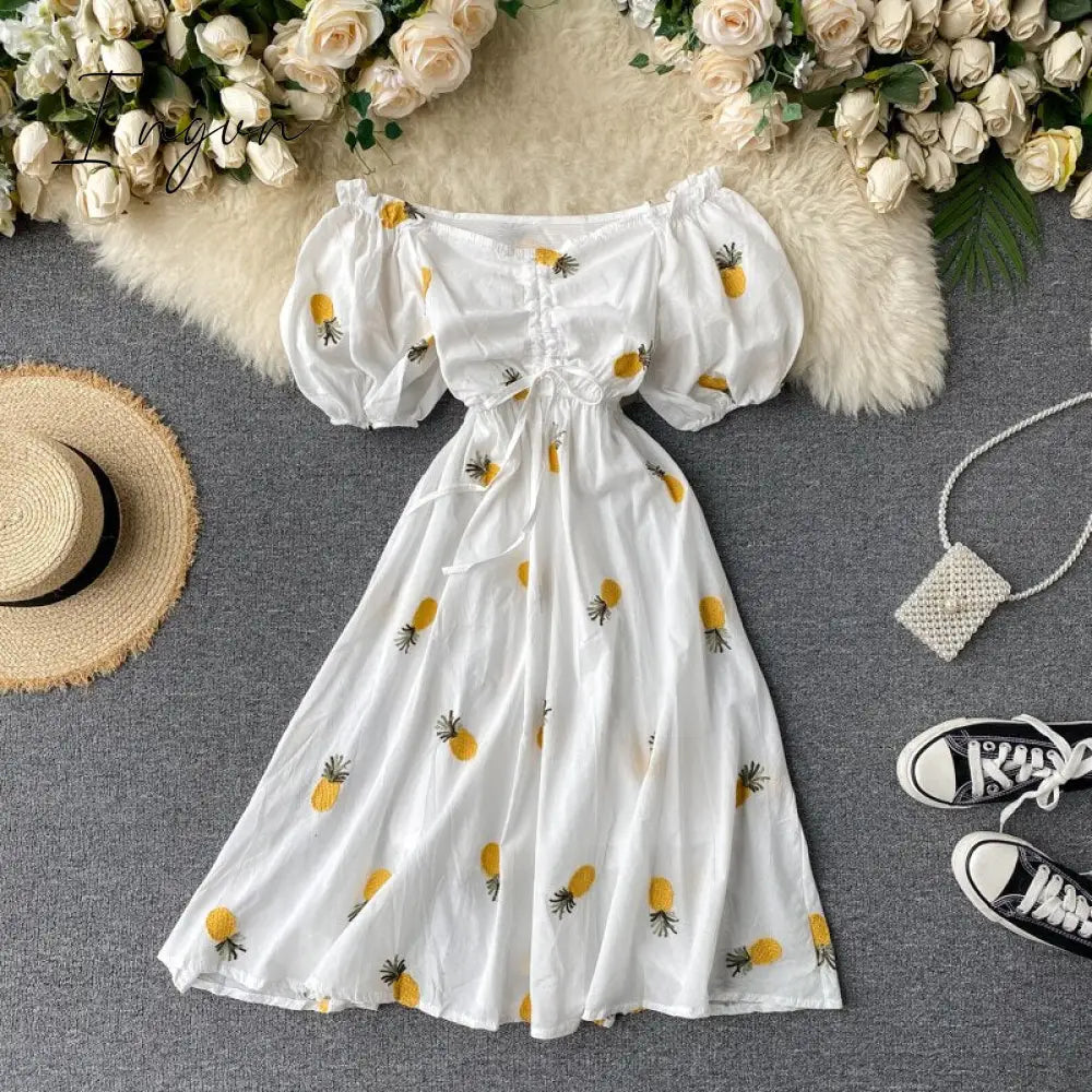Ingvn - Strawberry Dress Cherry Kawaii Embroidery Puff Sleeve Dress Women Vintage White Square Neck Beach Dresses Korean Clothes